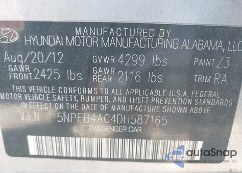 2013 Hyundai Sonata Gls из США, поврежденный, VIN 5NPEB4AC4DH587165